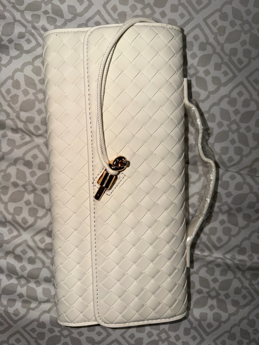 Woven Leather-Effect White Shoulder Bag